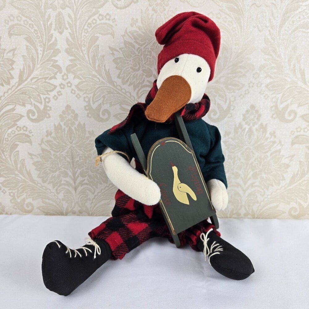 Stuffed Goose in Winter Attire Holding "Flying Goose" Sled Decoration Collection